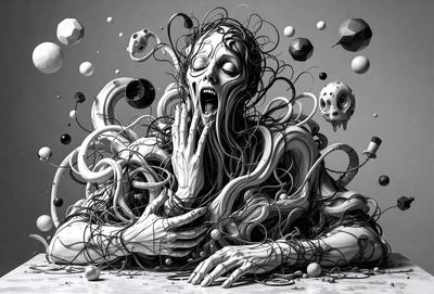 The primary subject of the image is a woman with a screaming face, surrounded by a variety of objects. She is lying on a table with her mouth open, and her facial expression is intense. The setting appears to be a room with a dining table, and the visual style is a combination of digital art and illustration. The colors in the image are predominantly dark, with the woman's face being the most prominent and vivid element. The overall atmosphere of the image is intense and dramatic.